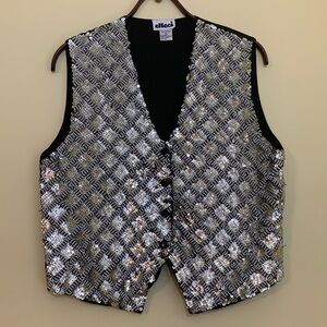 Effeci | Vintage Black Silver Sequin Beaded Sleeveless Tuxedo Party Top Vest L
